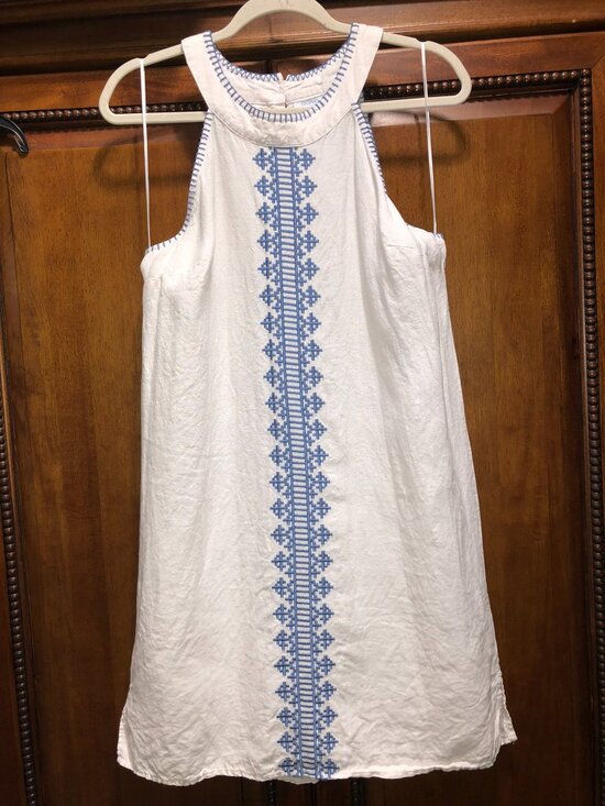 Sigrid Olsen Dresses & Skirts - Sigrid Olsen 100% Linen White Blue Embroidered Halter Shift Dress Medium